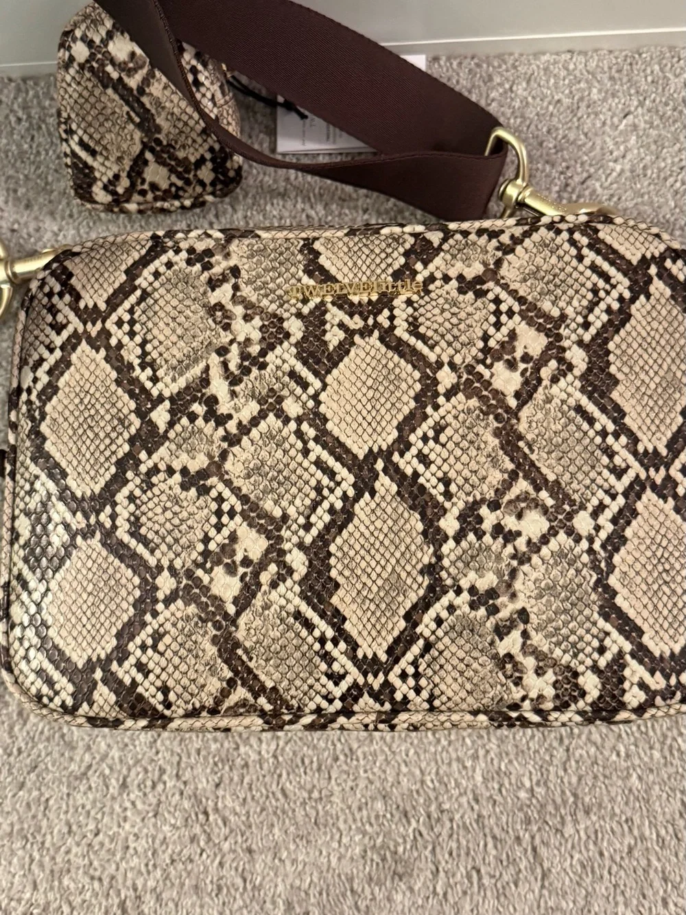 Mini Snake-Print Crossbody Pouch in Beige and Brown